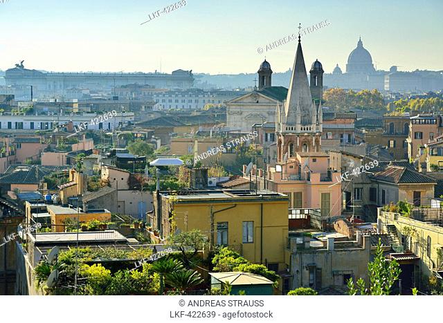 View towards Monument of Vittorio Emanuele II and St Peter's basilica, Pincio, UNESCO World Heritage Site Rome, Rome, Latium, Lazio, Italy