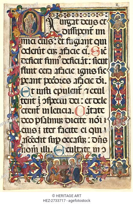 Leaf from a Psalter with Full Border with Medallions (Annunciation, SS. Jerome, Clare.., 1475. Creator: Unknown