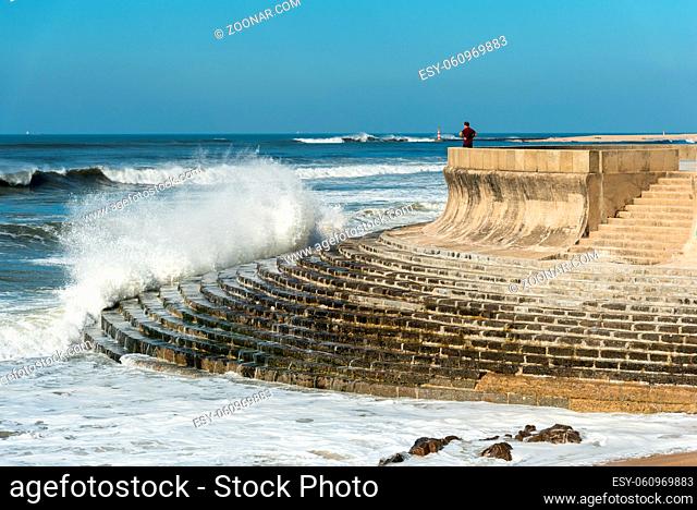 Breakwater and viewpoint in the seaside village Granja in the south of Porto