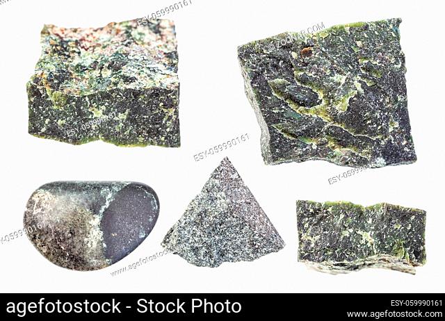 set of various Dunite (Olivinite) rock isolated on white background