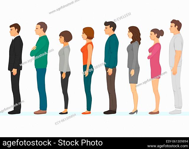 Full length of people standing in line. Vector image, group of people man woman waiting, Male side pose, Character, Male and female standing