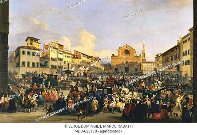Piazza di St. Croce during carnival, by Signorini Giovanni, 19th Century, 1848, . Italy, Tuscany, Florence, Palazzo Pitti, Modern Art Gallery