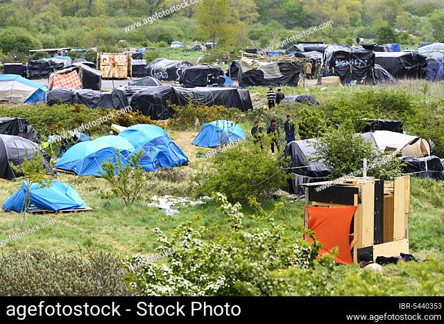Refugee shelter on former rubbish tip, refugees, Calais, France, Europe