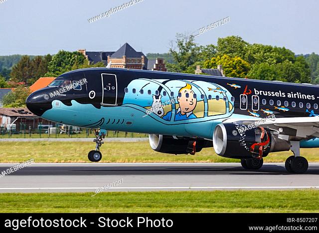 An Airbus A320 aircraft of Brussels Airlines with registration number OO-SNB and the Tintin special livery at Brussels Airport, Belgium, Europe