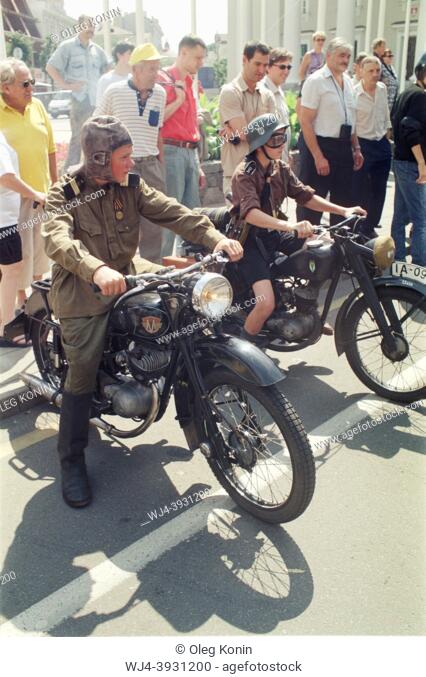 Motorcycles: soviet Minsk M103 and german DKW RT 125. Vintage cars expo. Vilnius. 26 July 2003