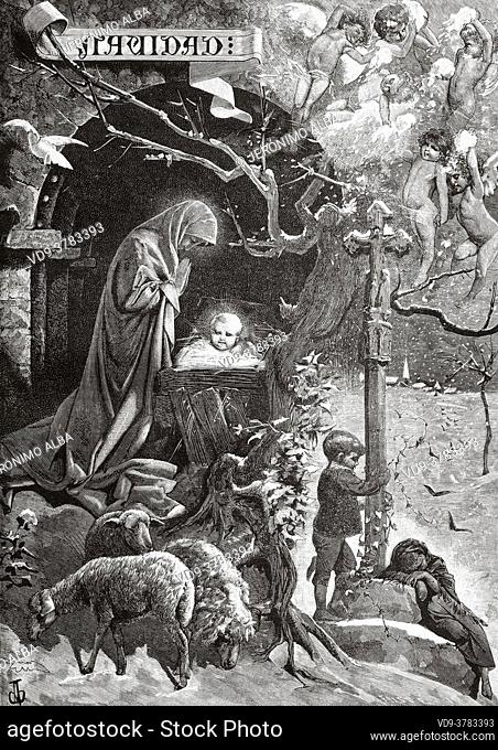 The Nativity. Old XIX century engraved illustration, El Mundo Ilustrado 1880