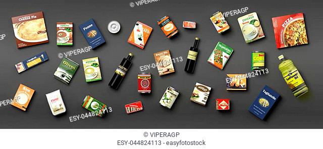 Collection of packaged food isolated on grey background. 3d illustration