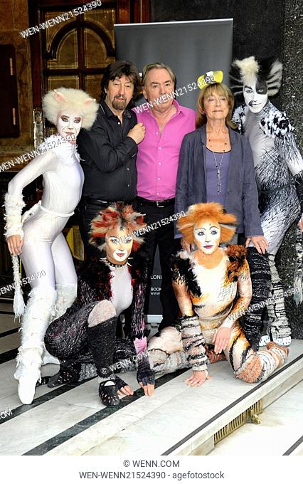 Andrew Lloyd Webber, Gillian Lynne and Trevor Nunn with ensemble performers in Cats costumes at the West End launch of the show's return to London at the London...