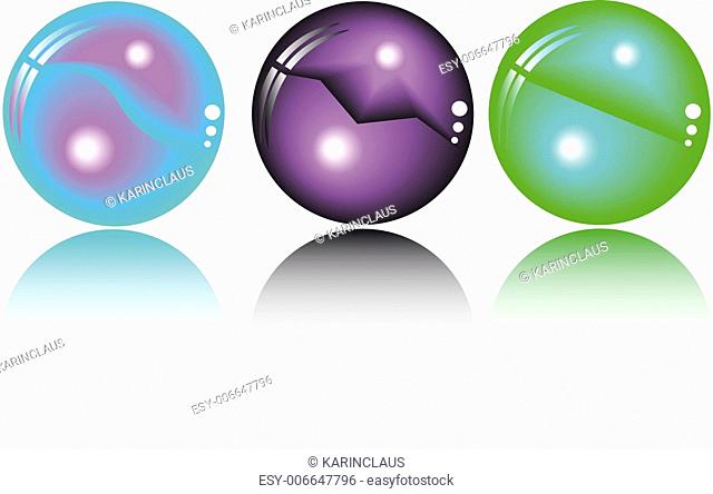 three fantasy spheres in different colors