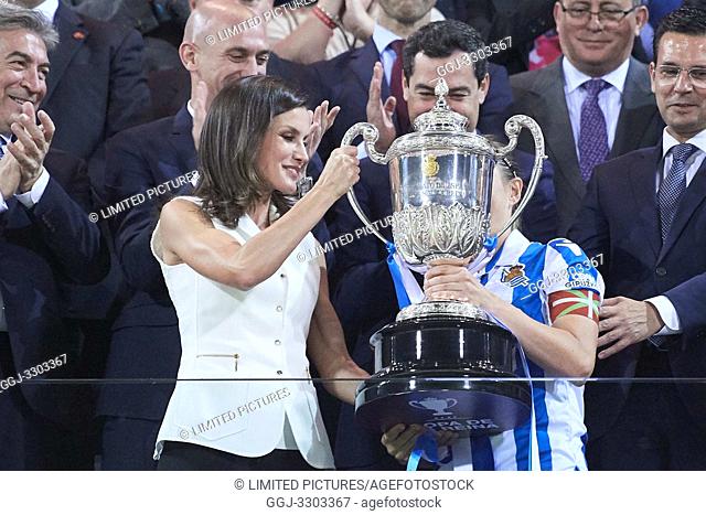 Queen Letizia of Spain delivery the trophy to Sandra Ramajo (Real Sociedad) after winning Spanish Queen's Cup (Copa de la Reina) final match Real Sociedad vs At