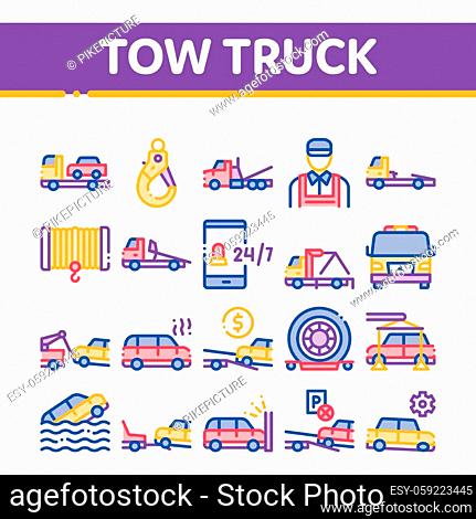 Tow Truck Transport Collection Icons Set Vector Thin Line. Tow Truck Evacuating And Transportation Broken Car, Winch And Hook Concept Linear Pictograms