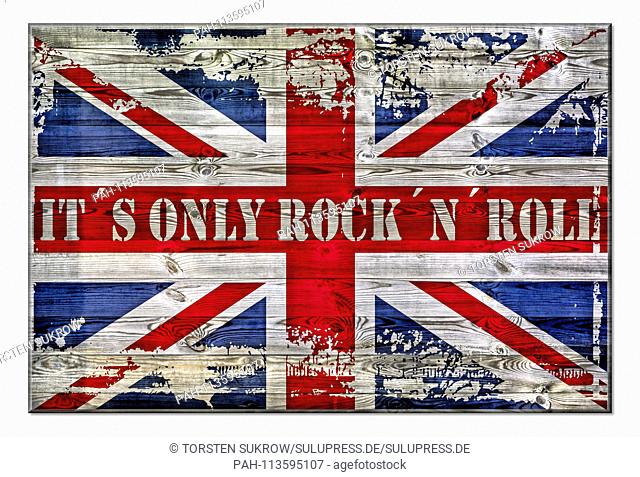 A rustic wooden sign with the British Union Jack and the inscription IT-S ONLY ROCK 'N' ROLL. This wooden sign in a rustic look symbolizes, among other things