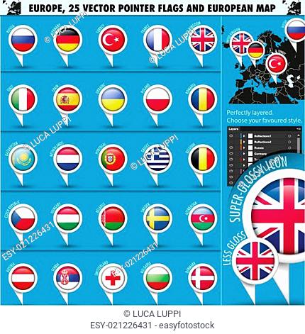 European Icons Round Indicator Flags and Map Set1
