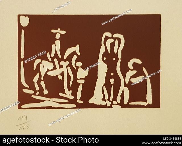 """Personajes y el caballero"", 1968; Pablo Picasso (1881-1973), Linoleum