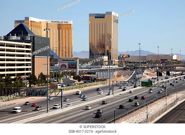 Interstate 15 near Las Vegas Strip with Mandalay Bay and Luxor Hotel, Las Vegas, Clark County, Nevada, USA