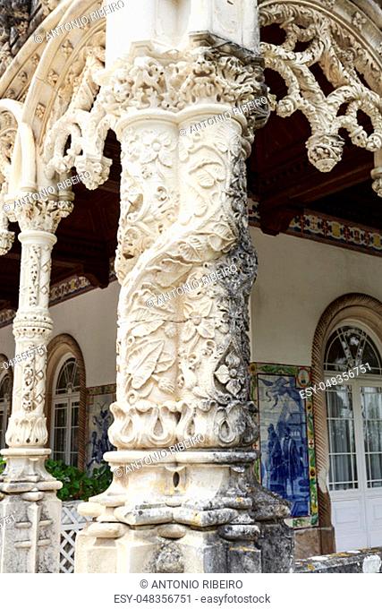 Detail of the Palace Hotel of Bussaco, a luxury hotel built in late 19th century in Neo-Manueline architectural style, located near Coimbra in central Portugal