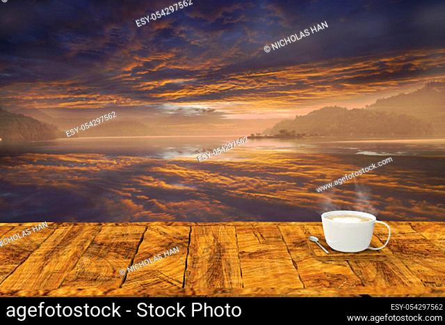 The 3d rendering of wood table in beautiful place with modern office cup with hot coffee in side background