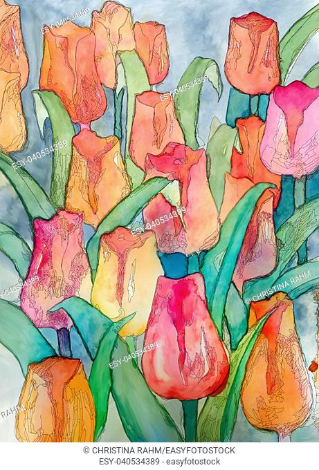 Tulips artwork with black contour art nouveau style digital illustration closeup