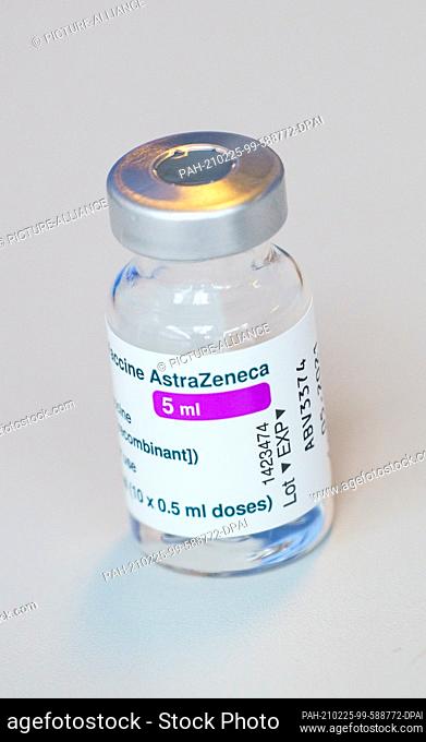 25 February 2021, Rhineland-Palatinate, Mainz: A vial of Corona vaccine from AstraZeneca stands on the table before being drawn up