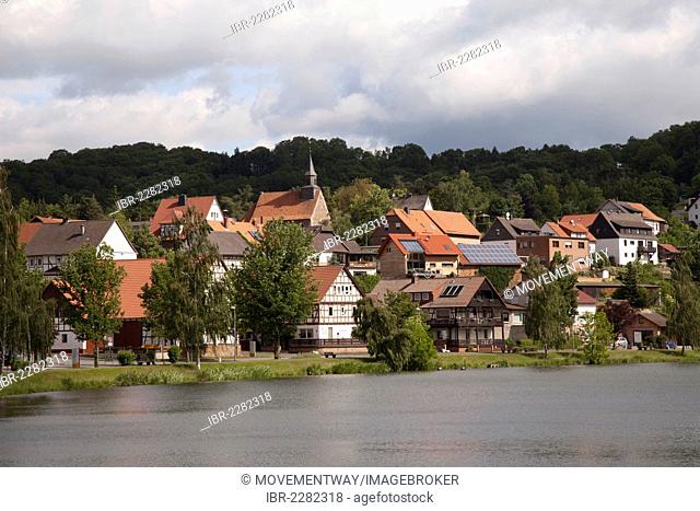 View of the village of Nieder-Werbe on Edersee reservoir, spa resort of Waldeck, Waldecker Land region, Edertal, Hesse, Germany, Europe, PublicGround