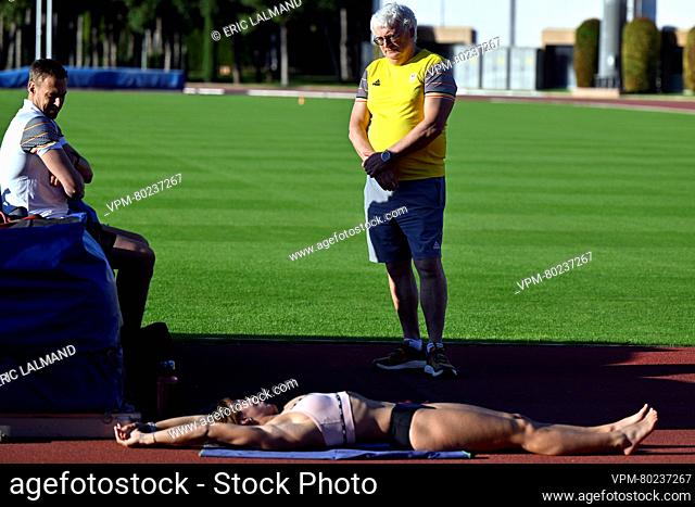 physiotherapist Hans van Alphen, athlete Rani Rosius and coach Johan Baerts pictured during a training camp organized by the BOIC-COIB Belgian Olympic Committee...
