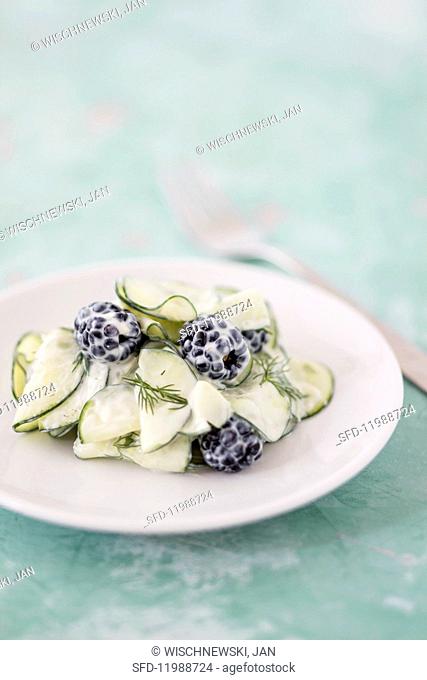Detox cucumber salad with blackberries and soya yoghurt sauce