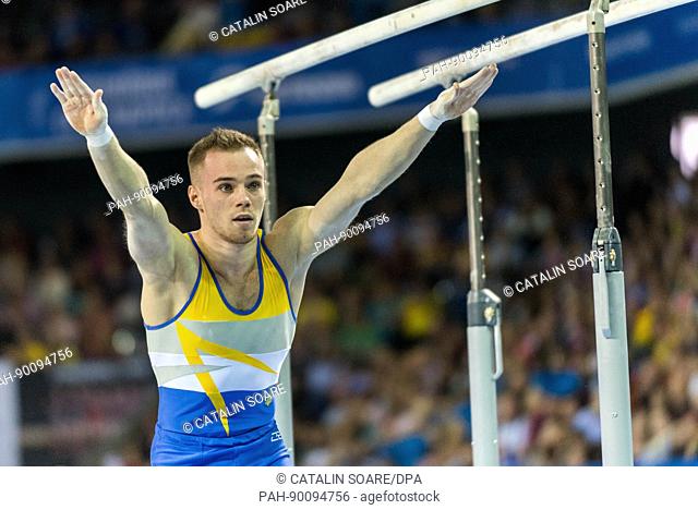 Oleg Verniaiev (UKR) performs on the parallel bars during the Men's Apparatus Finals at the European Men's and Women's Artistic Gymnastics Championships in Cluj...