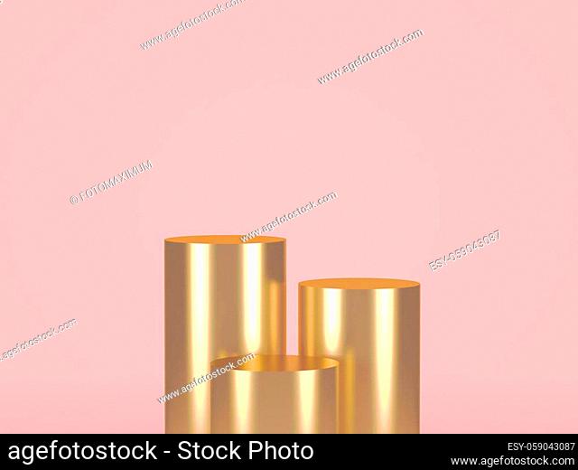 Three gold cylinders on pastel background. Geometric 3D shapes, art design. 3d rendering