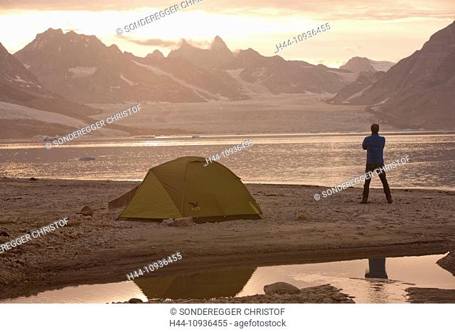 Camping, Karale, Greenland, East Greenland, glacier, ice, moraine, man, tent, trekking, Sermiligaaq