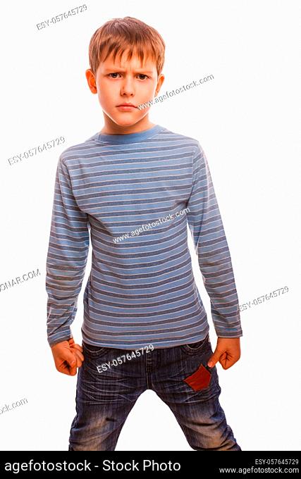agresivny child evil rastroennyh displeased blond boy in the striped sweater clenched his fists isolated on white background
