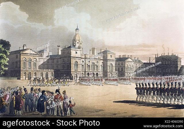 Mounting Guard, St. James's Park. Circa 1808. After a work by August Pugin and Thomas Rowlandson in the Microcosm of London