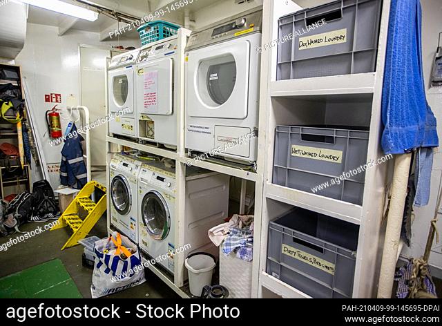 08 April 2021, Mecklenburg-Western Pomerania, Rostock: Washing machines stand in a workroom on the rescue ship ""Sea-Eye 4""
