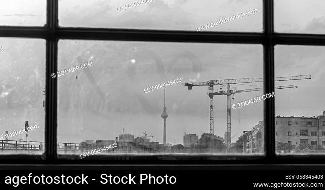 A heart above the Berlin television tower in black and white