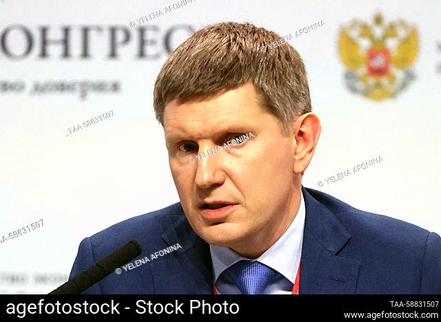 RUSSIA, MINERALNYE VODY - MAY 3, 2023: Russia's Economic Development Minister Maxim Reshetnikov attends the Caucasus Investment Exhibition at the MinvodyExpo...