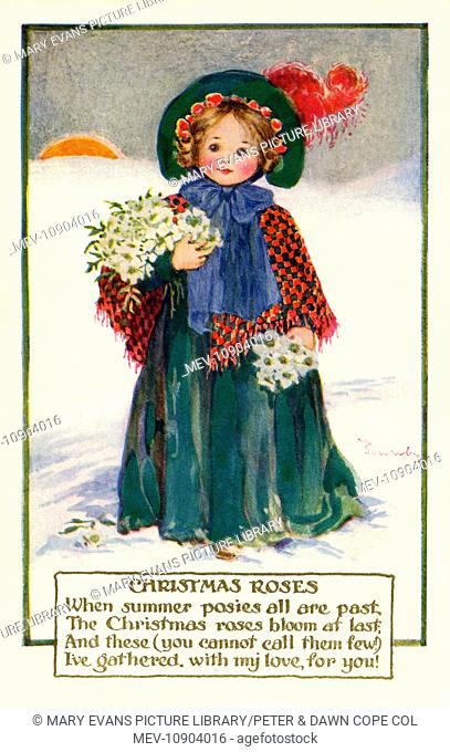 A young girl in red & green dress, scarf & bonnet amidst a winter scene carrying posies of white roses. Artist: Millicent Sowerby