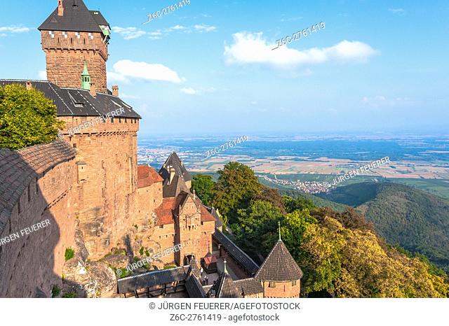 Castle Haut-Koenigsburg with panoramic view, castle of the middle ages, rebuilt in romantic architecture, Alsace, France