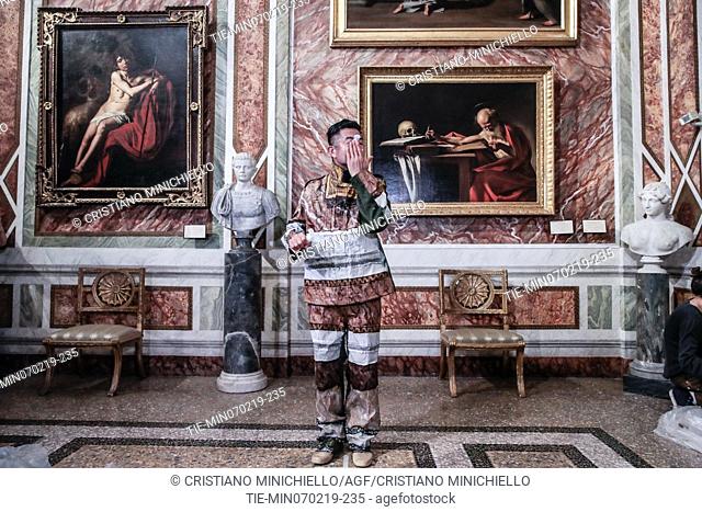 The artist Liu Bolin for the celebration of the Chinese new year portrays himself near the painting ' Saint Gerolamo' by Caravaggio in the Borghese Gallery in...