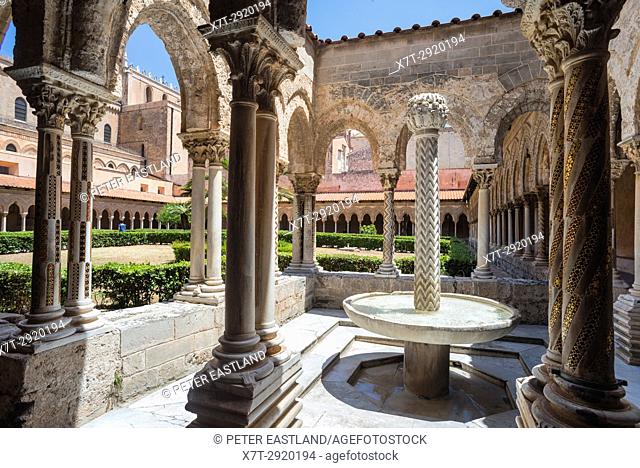 Decorated columns and fountain in the Lavatorium at The Chiostro dei Benedettini, cloisters, in the cathedral complex at Monreale near Palermo, Sicily, Italy