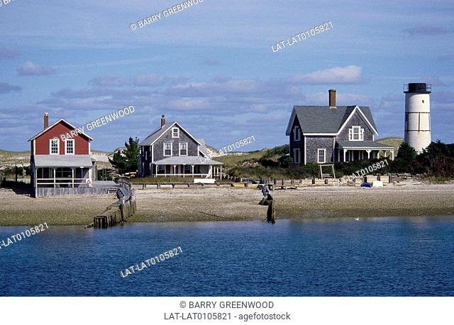 Cape Cod. Sand dunes, beach. Traditional wooden houses, docks, jetties