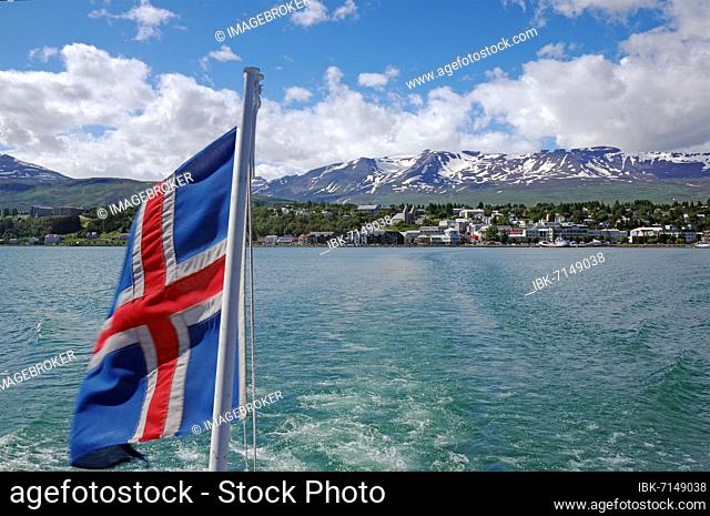 Icelandic flag, city, fjord and mountains, Eyjafjörður, Akureyri, Northern Iceland, Scandinavia, Iceland, Europe