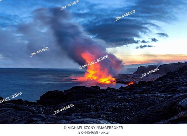 Lava entering ocean, Kalapana, Hawai'i Volcanoes National Park, Big Island, Hawai'i, USA