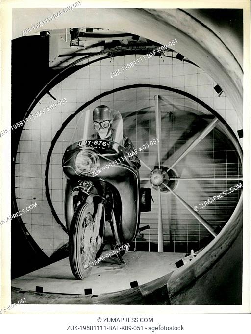 Nov. 11, 1958 - WIND TUNNEL TEST OF STREAMLINED PROTECTION: Streamlining and weather and crash protection have been added to motorcycles by a British Aircraft...