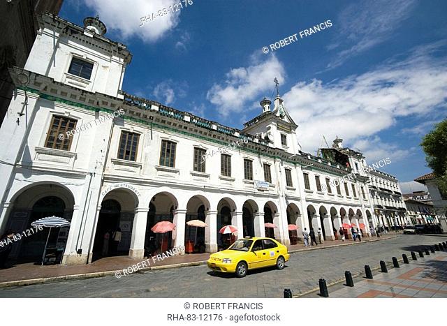 Parade of shops on Calle Bolivar at Parque Calderon, the main plaza in the centre of this attractive colonial capital, Cuenca, Azuay Province