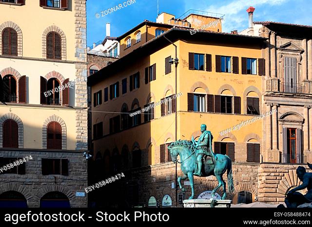 FLORENCE, TUSCANY/ITALY - OCTOBER 19 : Equestrian statue of Cosimo I ? Giambologna in Piazza della Signoria Florence on October 19, 2019