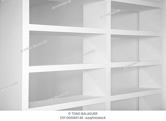 bookshelf in white empty blank shelfs