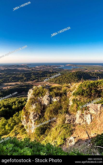 view of the north coast, behind cap de cavalleria, bay of fornells, monte del toro, 357 m, es mercadal, menorca, balearic islands, spain, europe