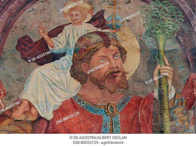 Episode from the life of Saint Cristopher, fresco on the exterior wall of the Church of Saint George, Taisten, Puster Valley, Trentino-Alto Adige, Italy