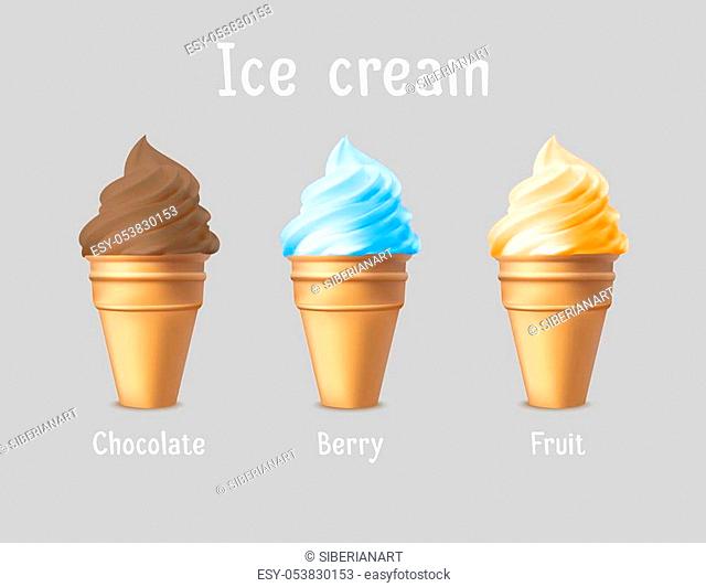 Ice Cream products ad. Vector 3d illustration. Ice cream cones template design. Brand advertisement poster layout