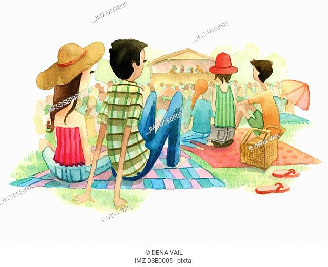 A watercolor illustration of people at an outdoor music festival