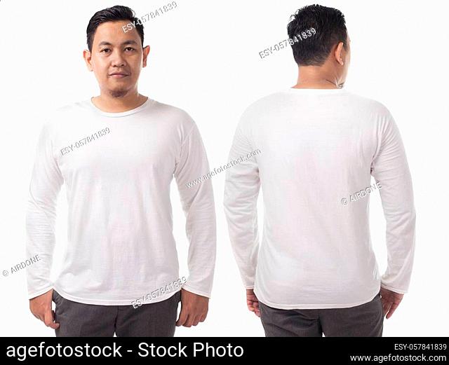 White long sleeved t-shirt mock up, front and back view, isolated. Male model wear plain white shirt mockup. Long sleeve shirt design template